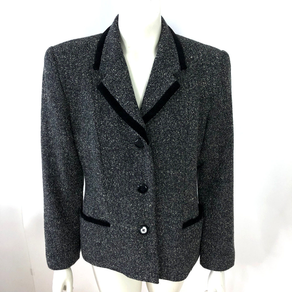 Talbots Petites 10 Vintage VTG Wool Blend 3 Button Blazer Jacket Black Gray